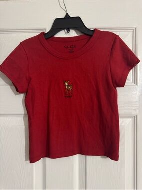 Red Baby Tee with Deer and Swiss Embroidery
